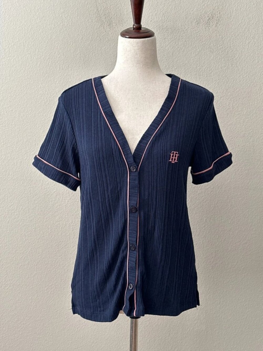 Tommy Hilfiger Mujer Talla M Manga Corta Logo Henley Acanalado Pijama Top Azul M